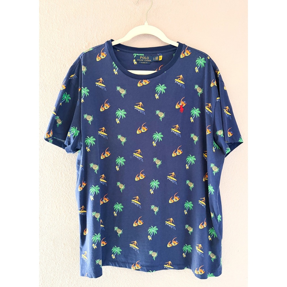 Polo Ralph Lauren Mens Classic Fit Large Blue Surf Tropical Pineapple T-Shirt